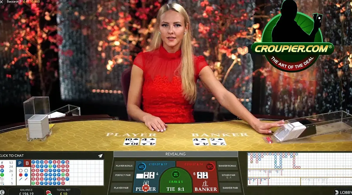 Live baccarat game interface showing a female dealer in a red dress behind a gold felt table with Player and Banker cards displayed, plus on-screen betting controls, roadmaps/statistics panels, and a “Croupier.com” logo in the corner.